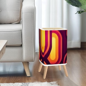 Retro 70s Small Trash Can with Lid – Midcentury Square Garbage Bin Yellow Orange Burgundy, Vintage Style Bathroom Kitchen Office Wastebasket