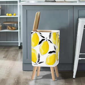 Retro 60s Small Lidded Trash Can – Midcentury Style Square Garbage Bin Vibrant Yellow White Black LEMONS Drawing, Vintage Home Wastebasket