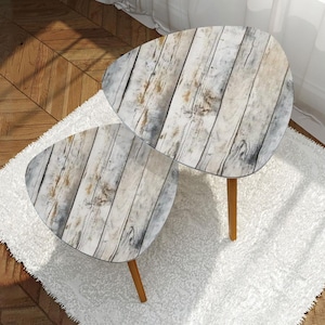 Midcentury Retro Nesting Coffee Table Set: White Wood Grain, Tripod Bamboo Legs