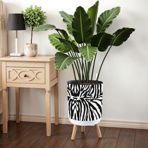 May include: A large houseplant in a zebra-print plant pot. The black and white pot is supported by three wooden legs. A small side table with a lamp and a small potted plant is to the left.