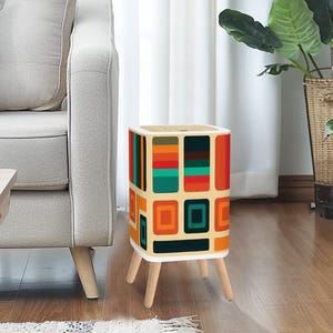 Retro 70s Small Trash Can with Lid – Nordic Midcentury Style Square Garbage Bin Blue Green Orange Black Vintage Wastebasket Office Kitchen