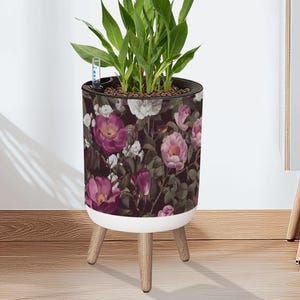 Retro Romantic Black Pink Roses Planter: Cottagecore Plant Pot with Wooden Legs
