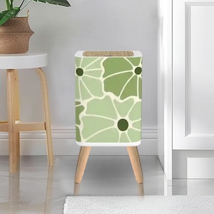 Retro 70s Small Trash Can with Lid – Nordic Midcentury Style Square Floral Garbage Bin, Green White Black Vintage Wastebasket Office Kitchen