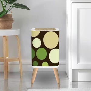 Retro 70s Small Trash Can with Lid – Nordic Midcentury Style Square Garbage Bin Brown Green Beige Polka Dots Vintage Wastebasket Home Gift
