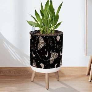 May include: A black and white patterned planter pot with a butterfly, moon, and star design. The pot is supported by three wooden legs and contains a green plant with pink flowers. The pot is approximately 30 cm tall.