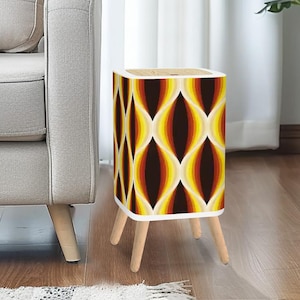 Retro 70s Small Trash Can with Lid – Nordic Midcentury Style Square Garbage Bin Brown Orange Yellow White Vintage Wastebasket Office Kitchen