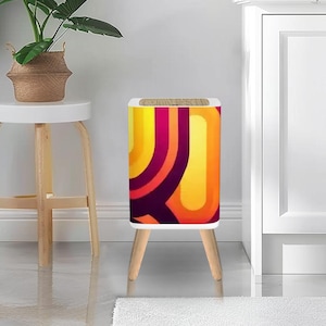 Retro 70s Small Trash Can with Lid – Nordic Midcentury Style Square Garbage Bin Orange Yellow Burgundy Vintage Wastebasket Office Kitchen