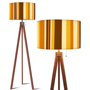 Lampadaire trépied rétro à rayures des années 70 : style moderne Mid-Century, LED intelligente, pieds en bois
