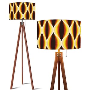 Nordic RETRO 60s 70s Design Tripod FLOOR Lamp, Midcentury Style Lighting, LED Remote Control Wooden Base Legs Vintage Brown Orange Yellow