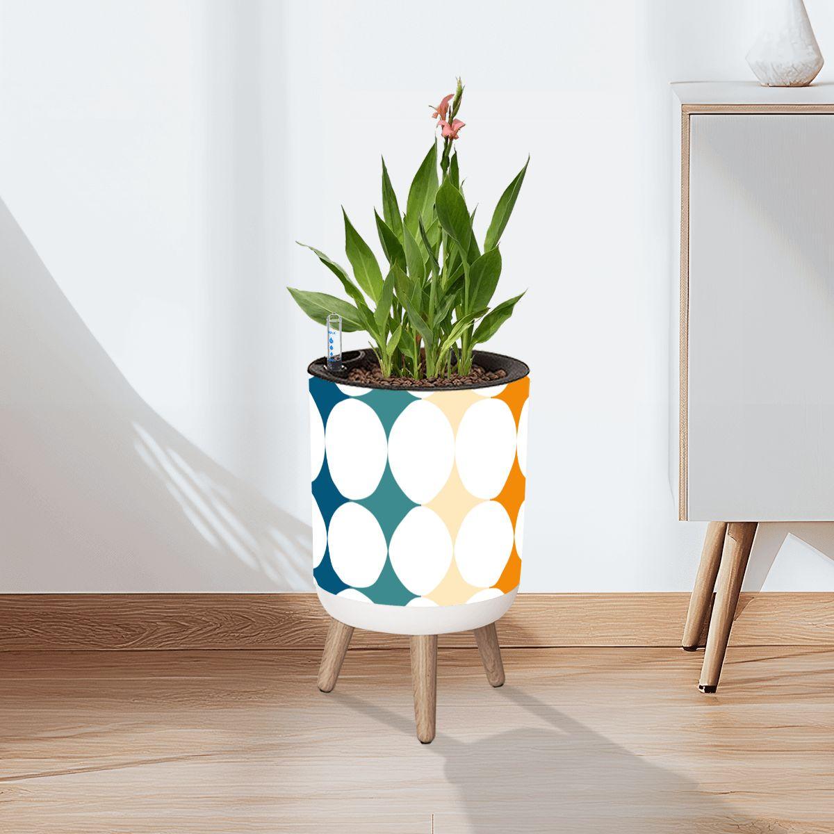 Discover Retro 70s Planter with Wooden Legs, Mid-Century Modern Bubble Dots Flower Pot