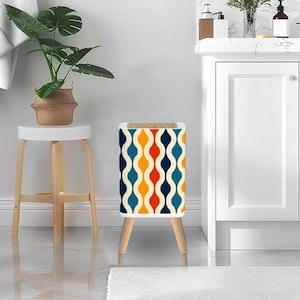 Retro 70s Small Trash Can with Lid – Nordic Midcentury Style Square Garbage Bin Blue Red Orange White Vintage Wastebasket Office Kitchen