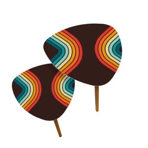 1970er Retro Dreieck Couchtisch 2er Set Midcentury schwarze Regenbogen Streifen Beistelltische Vintage Wohnkultur