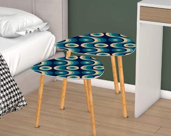 1970年代風のレトロなネストコーヒーテーブルセット（ブルー）：ミッド