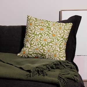 70s Retro Daisy Pillow: Green, White & Orange Floral Cushion