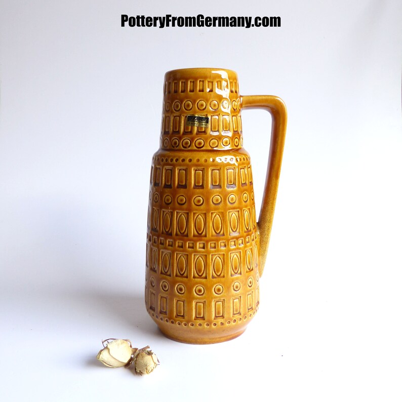 midcentury ceramics collectible vintage jug housewarming Holidays gift MUSTARD YELLOW RELIEF vase by Scheurich 416-26 Westgerman Pottery