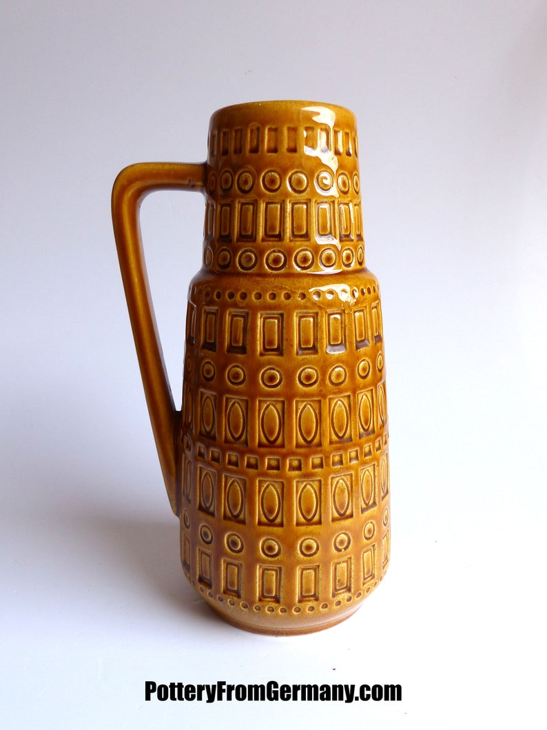 midcentury ceramics collectible vintage jug housewarming Holidays gift MUSTARD YELLOW RELIEF vase by Scheurich 416-26 Westgerman Pottery