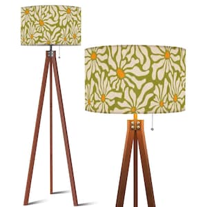 Hellgrün Orange Weiß Floral RETRO 70er Jahre Stativ Bodenlampe Midcentury Style Beleuchtung Home Decor Smart LED Fernbedienung Holzfuß Beine
