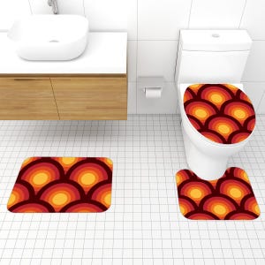 Midcentury Retro 70s Bathroom Rug Set 3 Piece Non Slip Soft Mats for Toilet and Shower Orange Red Circles Vintage Home Decor
