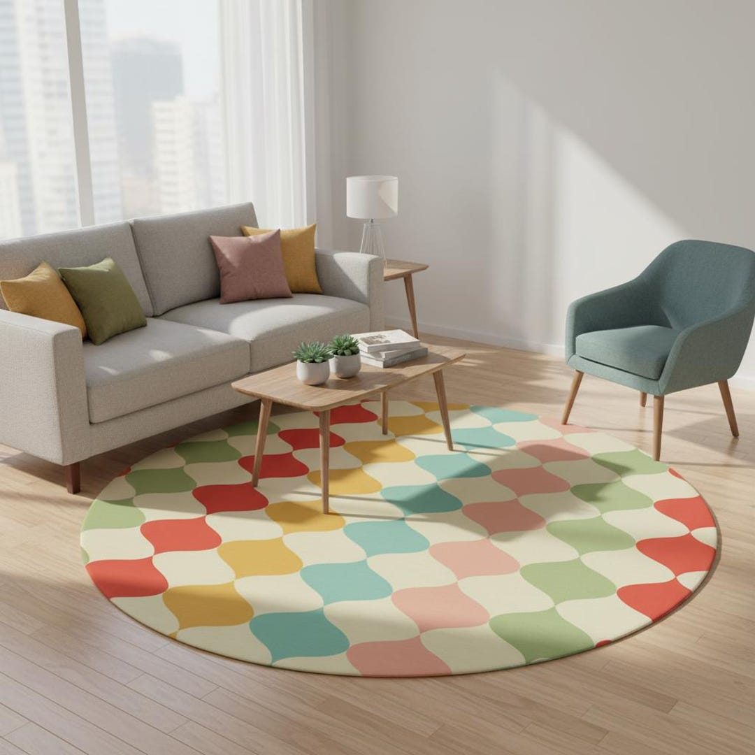 Pastel Colors Boho Round Rug – Retro 60s Style Midcentury Area Carpet ...
