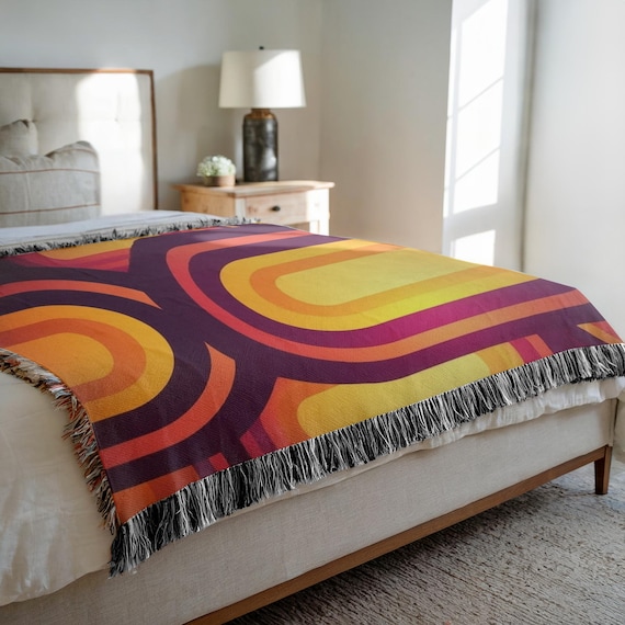 Woven Cotton Throw Blanket: 70s Retro Orange Yellow Burgundy Mid