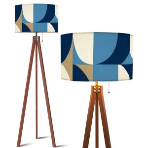 Mid-Century Modern Blue Brown White Tripod Floor Lamp: Smart LED Lighting, Wooden Base