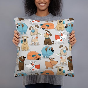 ALMOHADA DE PERROS DIVERTIDOS Arte de perros de dibujos animados, cojín colorido Decoración de perros caprichosos, regalo para amantes de los perros