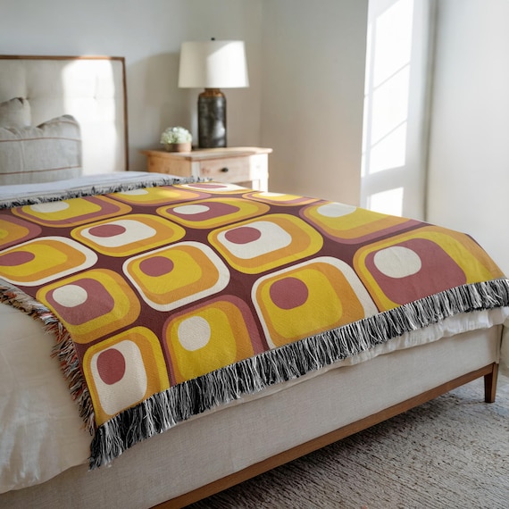 Woven Cotton Blanket: Mid-century Modern 70s Style Sofa Throw