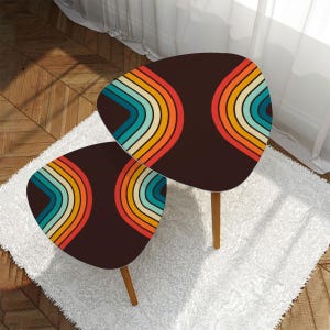 1970s Retro Nesting Coffee Table Set: Mid-Century Modern Brown Rainbow Stripe Side Tables