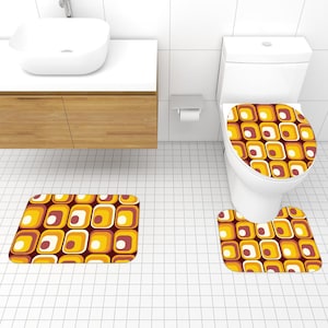 Bold Retro 70s Bathroom Rug Set 3 Piece Non Slip Soft Microfiber Mats Orange Red Brown for Toilet and Shower Vintage Home Decor