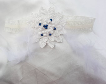 Something Blue Ivory Wedding Garter, Glass Lace Wedding Garter Set, Wedding Garter Set, Lycra Organza Garter, Bridal Feather Garter