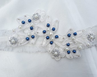 Something Blue Wedding Garter, Glass Beaded Lace Wedding Garter Set, Wedding Garter Set, Bridal Garter Belt, Lycra Organza Garter