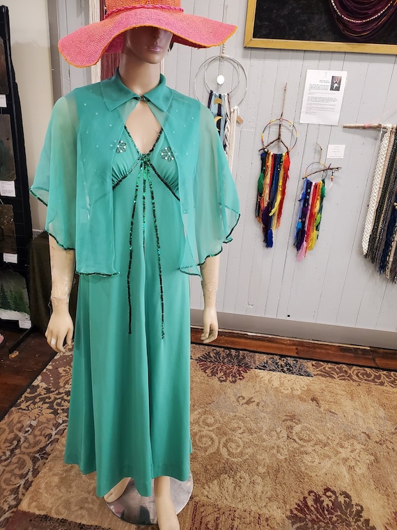 Vintage Green Chiffon Dress with Cape