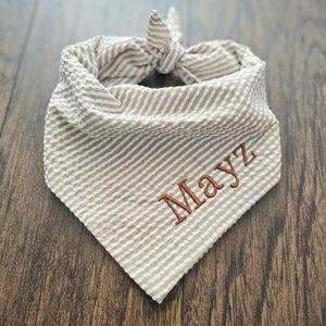 Khaki & Blue with White Seersucker Stripe Dog Bandana. Tie on Dog Bandana. Personalization Dog Bandana.Embroidery Dog Bandana.-2Colors