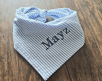 Seersucker Stripe Dog Bandana: Embroidery  Blue & White - Tie On