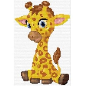 May include: A cartoon illustration of a yellow giraffe with brown spots sitting on its hind legs. The giraffe has blue eyes and a brown nose.