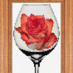 Rose In Wine Glass Cross Stitch Pattern PDF Pattern Digital Download Counted Cross Stitch Red Rose Flower Romantic Alcohol DMC Colours 14ct