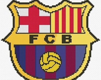 Könnte beinhalten: Ein gold- und rotfarbenes schildförmiges Logo mit dem Text "FCB" in Schwarz. Das Schild hat einen rot-gelb gestreiften Abschnitt, einen weißen Abschnitt mit einem roten Kreuz und einen blau-burgunderfarbenen gestreiften Abschnitt mit einem goldenen Fußball.