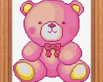 Pink Teddy Bear Cross Stitch Pattern PDF Pattern Digital Download Modern Cross Stitch Gift For Kids Pink Teddy 14ct Gift For Her Pink Gift