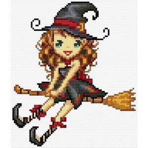 May include: A cartoon witch with long brown hair and a black hat flies on a broomstick. She is wearing a black dress with a red sash and red shoes.