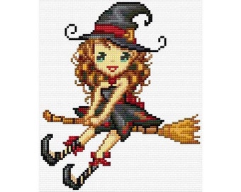 May include: A cartoon witch with long brown hair and a black hat flies on a broomstick. She is wearing a black dress with a red sash and red shoes.