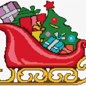 May include: A red sleigh filled with presents and a green Christmas tree. The sleigh has gold trim and the words "JINGLE" written on the bottom.
