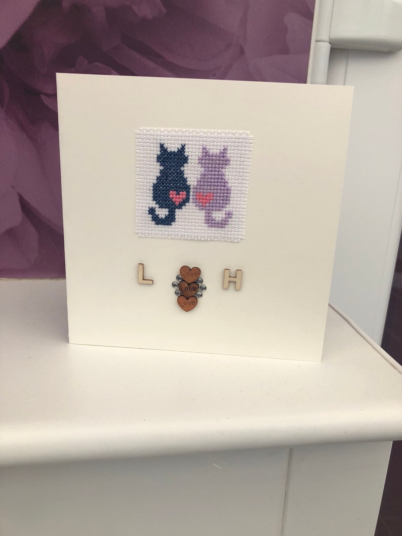 Personalised Cats Engagement Cross Stitch Card Unique Gift