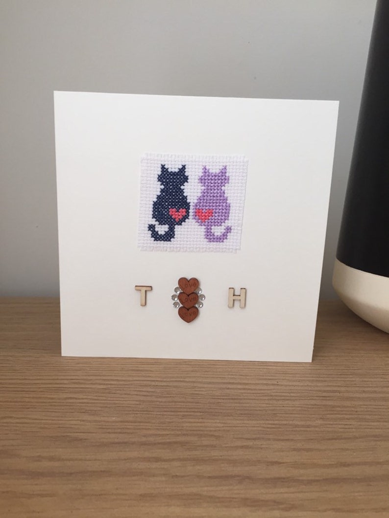 Personalised Cats Engagement Cross Stitch Card Unique Gift
