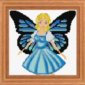 Blue Fairy With Wings Cross Stitch Pattern PDF Pattern Digital Download Counted Cross Stitch Angel Fairytale Magic Girl DMC Colours 14ct