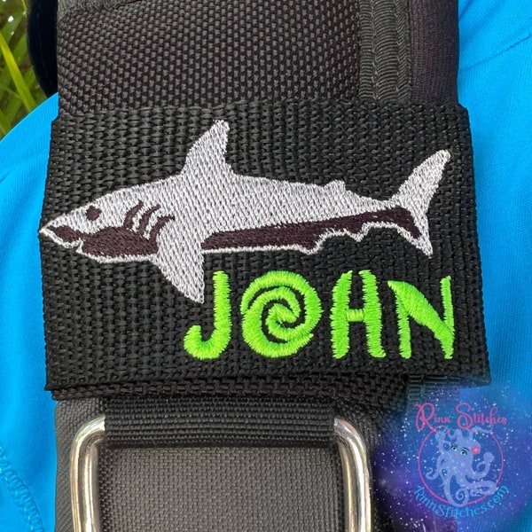 Personalized Shark Embroidered Scuba BCD Tag - Made on Maui