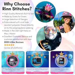 May include: A colorful image with the text "Why Choose Rinn Stitches?" and a list of features. The image also shows three customer reviews with photos of divers wearing personalized dive gear with embroidered patches. The text in the reviews includes the words "Love my be name tag!" "Men was better than anticipated" and "Great Product. Very Clear Stitches."