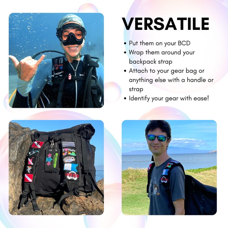 May include: A black backpack with multiple colorful patches attached to the straps. The patches feature various designs, including a fish, a dolphin, a flag, and a scuba diver. The backpack is sitting on a rock.