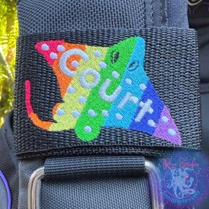 Personalized Rainbow Eagle Ray Embroidered Scuba BCD Tag - Dive Gift