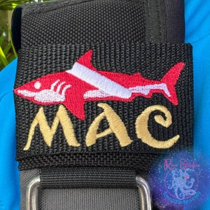 Dive Flag Shark | Personalized & Customizable Scuba Diver BCD Identification Tag | Scuba Diver Gift | Made on Maui | Custom Embroidered Tag