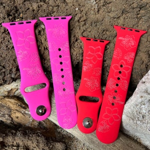 Hibiscus & Plumeria Flower Pattern Silicone Apple Watch Band - Laser Engraved Tropical Design